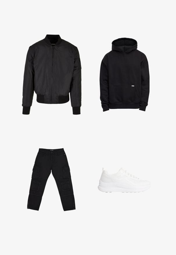 Schwarze Bomberjacke mit Reißverschluss, gerippten Bündchen und Saum sowie einer Seitentasche. Hergestellt aus glattem, leichtem Material.; Schwarzer Pullover mit Kapuze, Front-Kängurutasche sowie gerippten Bündchen an Ärmeln und Saum, flach liegend vor weißem Hintergrund präsentiert.; Schwarze Cargo-Hosen aus robustem Stoff, ausgestattet mit mehreren Cargotaschen, Reißverschluss-Ärmeln und geraden Beinen mit dezenten Nähdetails.; Weißer flacher Sportschuh mit oberem Teil aus strukturiertem Strick, dicker, gepolsterter Sohle, Schnürverschluss vorne und dezenter Markenkennzeichnung an der Seitenfläche.