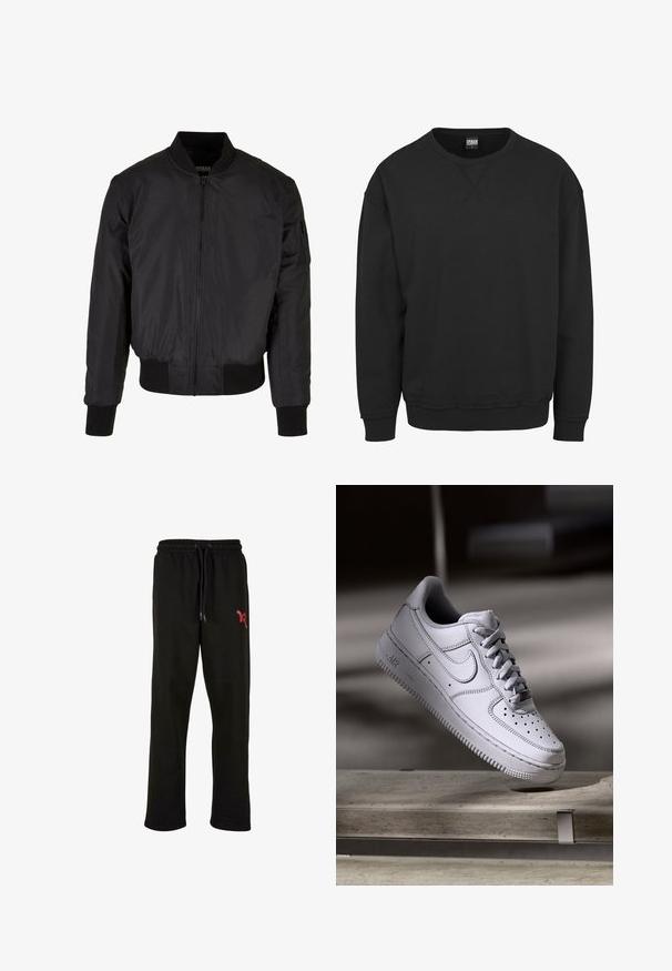 Veste bomber noire avec fermeture éclair, poignets et ourlet côtelés, et une poche latérale. Fabriquée en tissu lisse et léger.; Sweatshirt noir à col rond avec des manches longues, des poignets et une taille côtelés, fabriqué en tissu doux en mélange de coton. Pas de motifs ni de graphiques.; Pantalons de survêtement noirs avec une taille élastique et un cordon de serrage ajustable. Présentent un accent de logo rouge sur la cuisse gauche. Matière douce.; La basket Nike Air Force 1 en cuir blanc présente un embout perforé, des lacets plats et une semelle en caoutchouc texturée avec le logo « AIR » sur le côté.