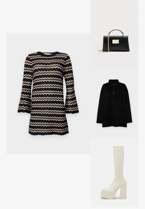AERON CRANE JACKET - Klassisk frakke - black; Sort, hvid og brun zigzag-mønstret strikkjole med klokkeærmer og rund halsudskæring, der har et tekstureret åbent vævdesign.; Steve Madden CYPRESS - Plateaustøvler - off white; Sort læderhåndtaske med struktureret form, udstyret med en øverste hank og en guldtonet kæderem. Dekorative guldhardware med logodetalje.