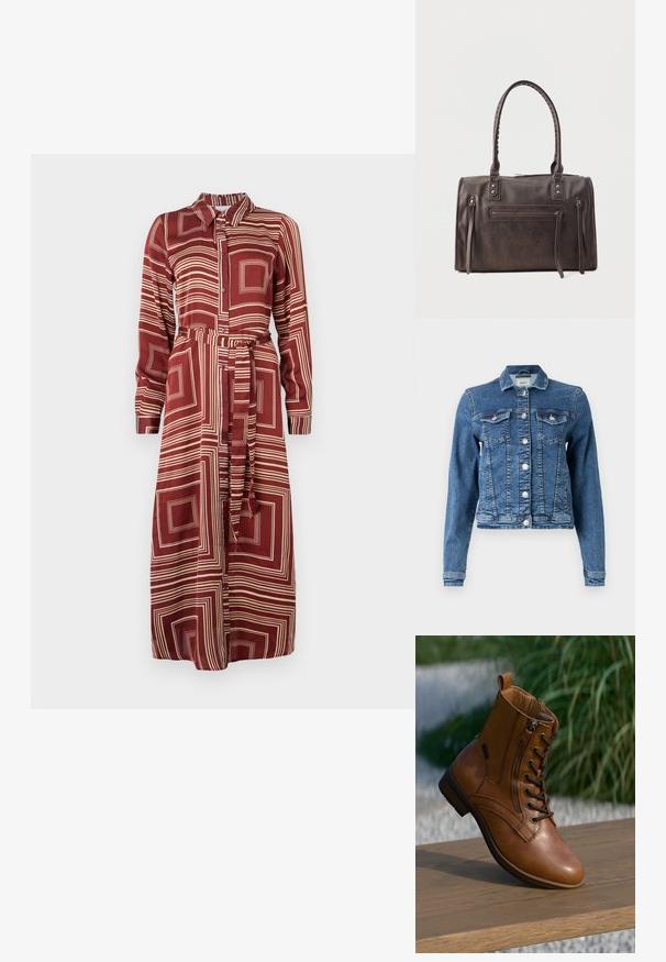 Denimjakke i mellemblå med et klassisk design, fem knapper, to brystlommer og lange ærmer. Har en let slidt tekstur.; Lang maroon kjole med knaplukning foran, skjortekrave og bindebælte. Har abstrakte cremegule firkantede mønstre og lange ærmer.; Brun læderankelstøvle med lynlås på siden og snørebånd, placeret på en træoverflade udendørs med sløret grønt område i baggrunden.; Mørkebrun læderhåndtaske med dobbelte håndtag, front lynlåslomme og to lodrette lynlåsdetaljer på siden på en hvid baggrund.