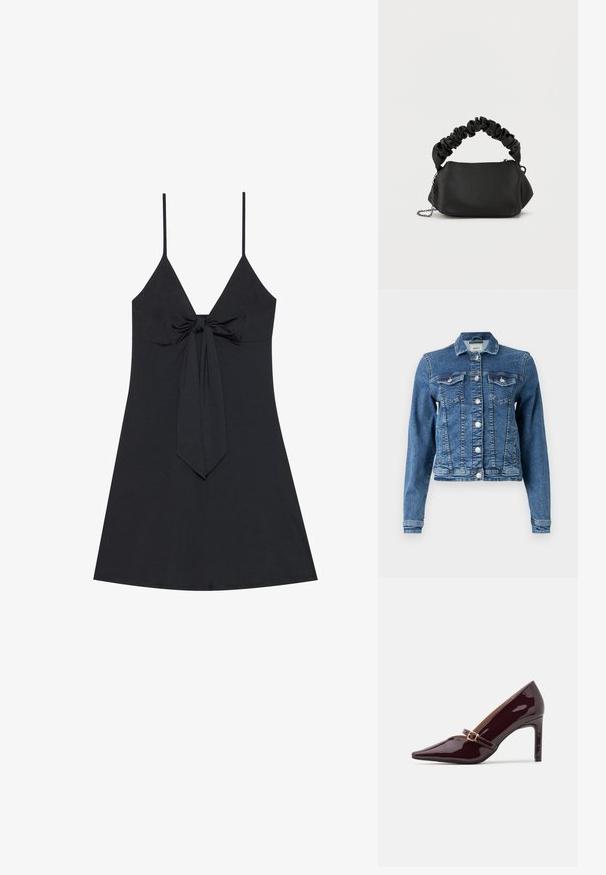 Denimjakke i mellemblå med et klassisk design, fem knapper, to brystlommer og lange ærmer. Har en let slidt tekstur.; Sort ærmeløs kjole med dyb V-udskæring og en frontknude-detalje. Enkel, glat stof med flared bund og tynde skulderstropper.; Patenteret bordeaux højhælet sko med spidse tæer, ankelrem med guldhardware og en slank, poleret finish. Hævet stilettohæl.; Sort skuldertaske med en rund form, lavet af glat materiale. Har et blødt, skrumpet håndtag og en metalsnorrem til alsidighed.