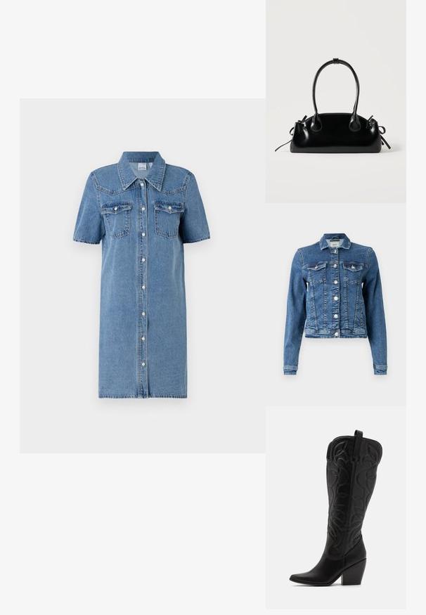 Chaqueta de mezclilla en azul medio con un diseño clásico, cinco botones, dos bolsillos en el pecho y mangas largas. Presenta una textura ligeramente desgastada.; Vestido de camisa de mezclilla en azul claro, de manga corta, con cierre de botones, dos bolsillos en el pecho y una ligera forma de A. Textura suave con costuras en contraste.; Botas negras de cuero hasta la rodilla con punta puntiaguda y tacón apilado. Presentan costuras decorativas y elementos de diseño curvados.; Pequeño bolso negro brillante con dos asas largas y detalles de cordón lateral sobre un fondo claro liso.