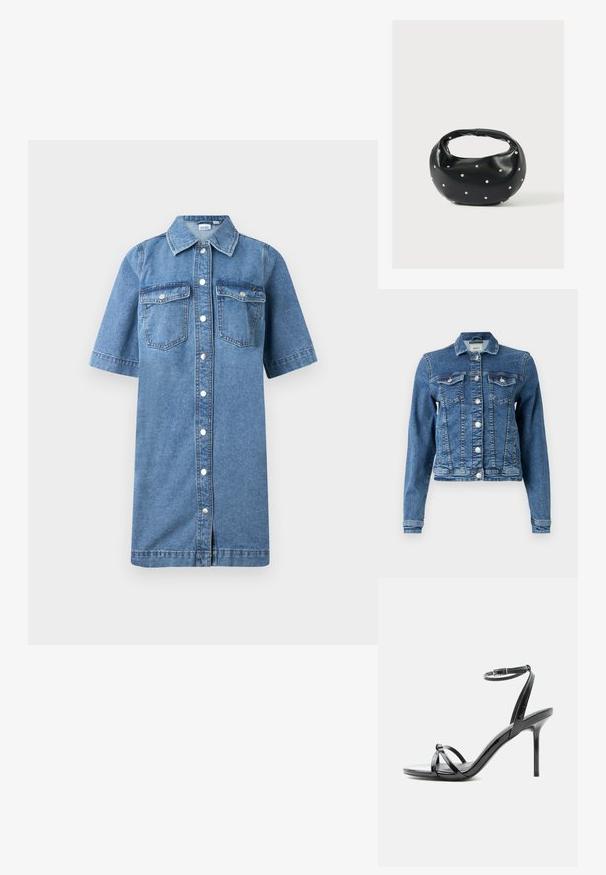 Jeansjacke in Mittelblau mit klassischem Design, fünf Knöpfen, zwei Brusttaschen und langen Ärmeln. Hat eine leicht abgenutzte Textur.; Denimhemdkleid, hellblaue Farbe, kurze Ärmel, knöpfbare Front, zwei Brusttaschen, gerader Schnitt und leicht ausgeflatterter Saum.; Schwarze Sandale aus Lackleder mit hohen Absätzen, dünnen Riemen über den Zehen und einem Knöchelriemen mit Schnalle auf weißem Hintergrund.; Schwarze Lederhandtasche mit abgerundeter Form, verziert mit silbernen Nietenakzenten und kurzem Griff. Glatte Struktur und Reißverschlussverschluss.
