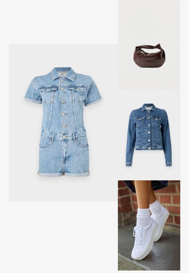 Denimjack in medium blauw met een klassiek ontwerp, vijf knopen, twee borstzakken en lange mouwen. Heeft een licht verouderde textuur.; Lichtblauwe denim jumpsuit met korte mouwen, knoopsluiting aan de voorkant, twee borstzakken en opgerolde zomen. Klassieke jeansstructuur.; Witte canvas sneakers met rubberen zolen, voorzien van zes vetertjes, een ronde neus en lichte stikdetails, gecombineerd met witte enkelsokken.; Donkerbruine leren schoudertas met een zachte, slungelige vorm en een gedraaide knoopvormige handgreep op een effen witte achtergrond.