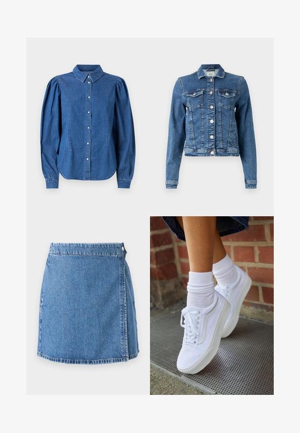 Denimjakke i mellemblå med et klassisk design, fem knapper, to brystlommer og lange ærmer. Har en let slidt tekstur.; Denimskjorte i lyseblå farve, med knaplukning foran og skræddersyet krave. Har pufærmer og en buet kant.; Denim miniskørt med blå vask, har en frontklap, to metalknapper og synlig syning langs kanten og kanterne.; Hvide lærreds sneakers med gummisåler, der har seks snørehuller, rund tå og let sømdetaljer, krydret med hvide ankelstrømper.