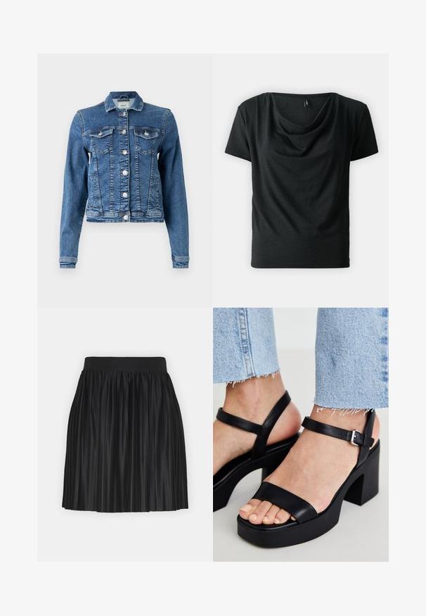 Jeansjacke in Mittelblau mit klassischem Design, fünf Knöpfen, zwei Brusttaschen und langen Ärmeln. Hat eine leicht abgenutzte Textur.; Schwarzes Kurzarmtop mit Wasserfallausschnitt aus weichem Stoff. Es hat eine lockere Passform und eine glatte Textur. Keine sichtbaren Verschlüsse oder Muster.; Schwarzer, plissierter Rock mit breitem elastischem Bund. Hergestellt aus einem glänzenden, leichten Material mit vertikalen Falten für Textur und Bewegung.; ALDO CELIE - High Heel Sandalette - black