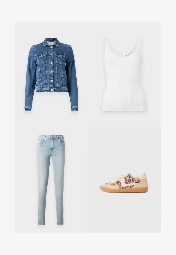 Denimjakke i mellemblå med et klassisk design, fem knapper, to brystlommer og lange ærmer. Har en let slidt tekstur.; Hvid ribbet tanktop med V-hals, tynde stropper og en tætsiddende pasform. Fremstillet af et blødt materiale og med et lille mærke syet ved halsudskæringen.; Lyseblå denimjeans med slim fit, fem lomme-design, klassiske bæltesløjfer og lynlås-lukning med en enkelt knap.; Leopardprint sneakers med beige ruskindsoverdel, tan gummisål og hvide detaljer. Rund pegefinger og snørebåndsdesign med en tekstureret finish.