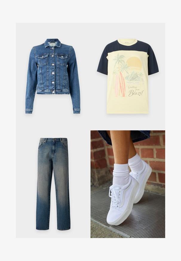 Denimjakke i mellemblå med et klassisk design, fem knapper, to brystlommer og lange ærmer. Har en let slidt tekstur.; Lysegul t-shirt med mørkeblå ærmer. Har en grafisk print af palmetræer, surfbrætter og en sol, samt teksten "Hilsner fra Brasilien".; Blå denim jeans med et lige ben design, der har en fading fra mørk til lys, fem-lommemodel og en knaplukning i taljen.; Hvide lærreds sneakers med gummisåler, der har seks snørehuller, rund tå og let sømdetaljer, krydret med hvide ankelstrømper.