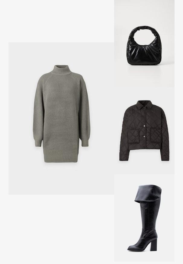Gestepptes schwarzes Jackett mit Knopfleiste, einem Cordkragen und zwei quadratischen aufgesetzten Taschen ohne sichtbare Muster.; Übergroßer grauer Strickpullover mit hohem Kragen, gerippten Bündchen und strukturierter Oberfläche. Verfügt über gesenkte Schultern und eine lockere Passform.; Hoher schwarzer Lederstiefel mit Absatz, umgeschlagenem Umschlag und abgerundetem Zehenbereich, steht aufrecht auf weißem Hintergrund.; Schwarze gepolsterte Handtasche mit einem runden Griff, die eine glatte, glänzende Oberfläche und eine weiche, gestepfte Textur aufweist. Keine sichtbare Hardware oder Akzente.