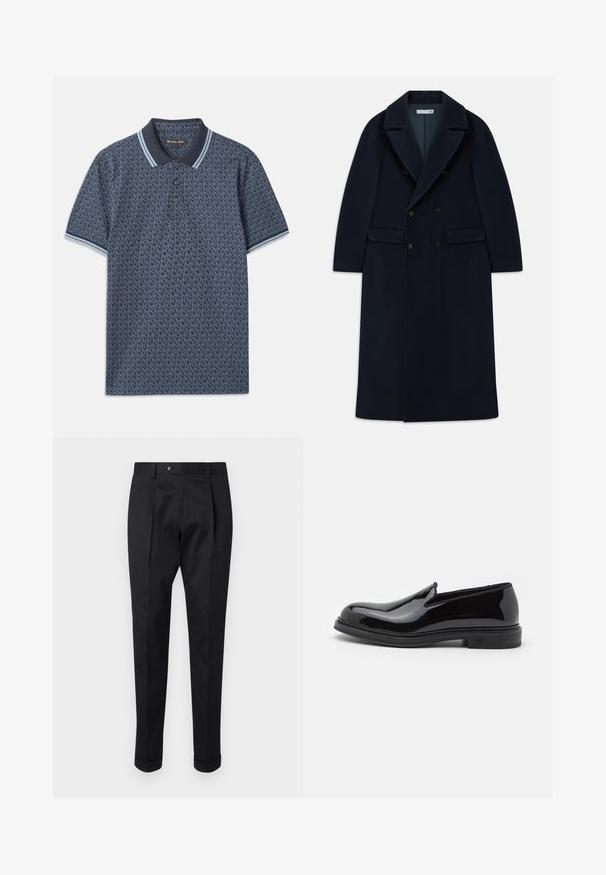 Marineblauer doppelt knöpfbarer, langer Wollmantel mit breiten Revers und Klappentaschen, entworfen für kaltes Wetter.; Marineblaue Polohemd mit geometrischem Muster. Verfügt über einen gerippten Kragen mit hellblauen Akzenten und einer Knopfleiste mit drei Knöpfen. Hergestellt aus weichem Stoff.; Schwarze Hosen aus einem glatten Stoff, mit einem Faltenwurf vorne, einem Knopfverschluss und umgeschlagenen Säumen am Knöchel.; Schwarzer Lackleder-Slipper mit runder Zehenpartie, verfügt über eine strukturierte Sohle und dezentes Branding an der Ferse. Glatte Oberflächenstruktur.