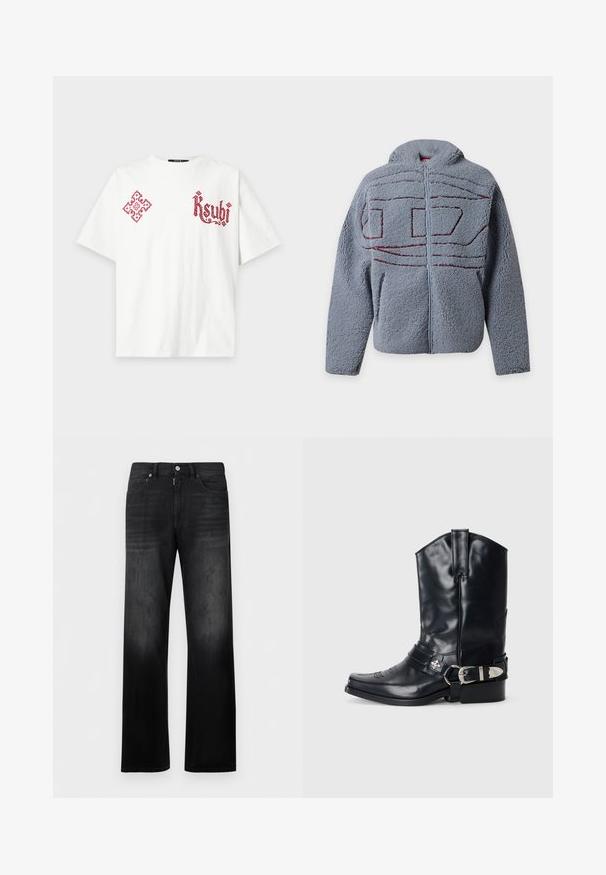 Veste polaire bleu clair à fermeture éclair, manches longues, avec un motif abstrait rouge cousu sur la poitrine et les épaules.; T-shirt blanc à manches courtes avec un graphisme orné rouge sur la poitrine gauche et un texte décoratif rouge "Ksubi" sur la poitrine droite.; Jean noir à jambes droites avec fermeture à boutons et zip à l'avant, deux poches avant et passants pour ceinture.; Botte de cowboy en cuir noir avec un bout pointu, une tige haute, des coutures décoratives et une quincaillerie en argent sur la sangle. Fini texturé.