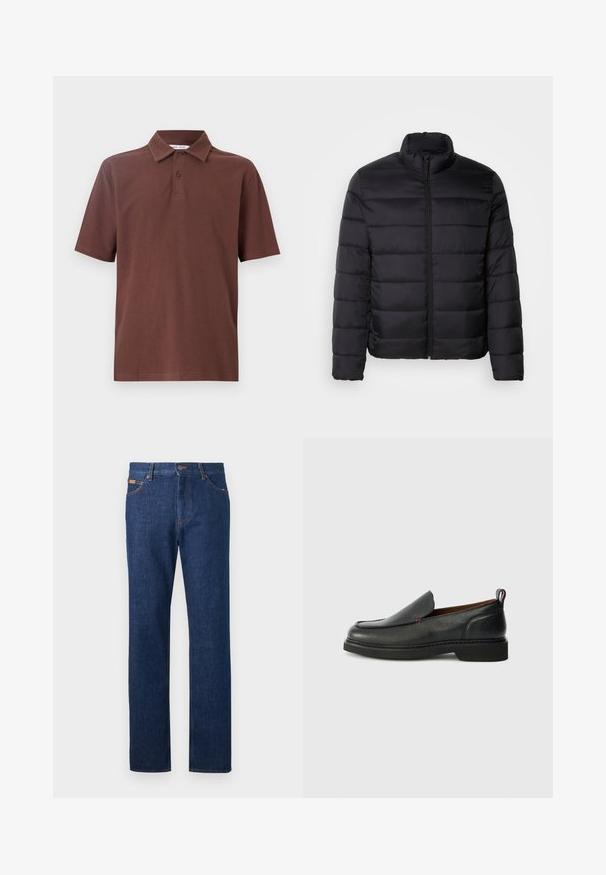 Chaqueta acolchada negra con un alto cuello, diseño acolchado, cremallera frontal completa y mangas largas. Tejido suave y brillante con un aspecto minimalista.; Camiseta polo marrón hecha de tela transpirable, con un cuello clásico y una tapeta de tres botones, con un logo sutil en el pecho.; Jeans de mezclilla azul oscuro con un diseño de pierna recta, con costuras naranjas, estilo de cinco bolsillos y cintura con trabillas para cinturón.; Zapato negro de cuero tipo mocasín con punta redondeada, parte superior texturizada, costuras rojas en contraste y un tacón bajo. Cuenta con una tira de agarre en la parte posterior.