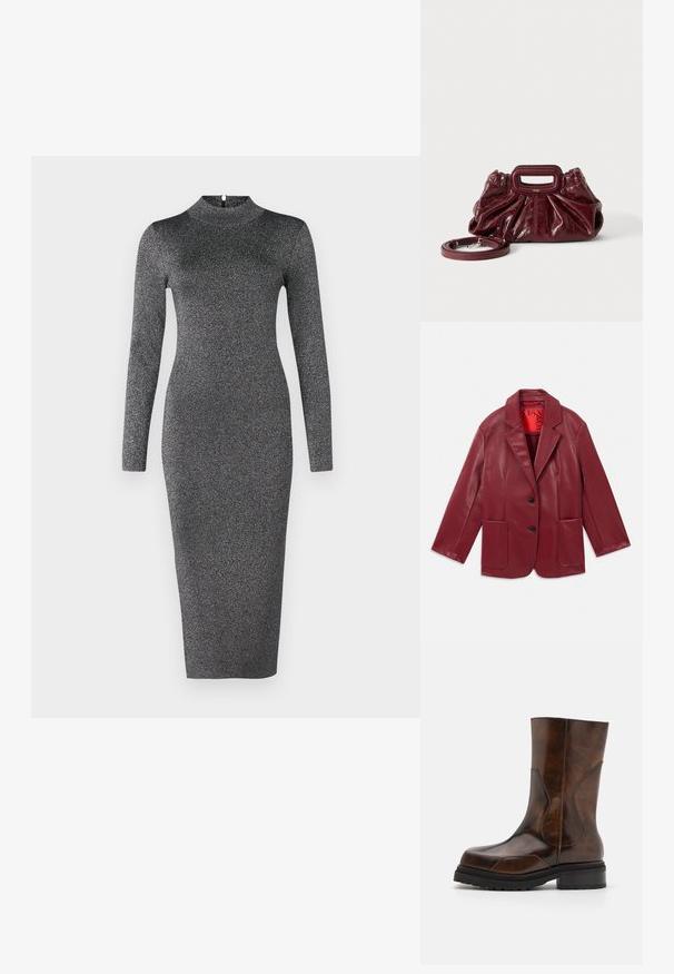 Blazer de imitación cuero rojo con solapas, dos bolsillos frontales y dos botones negros. Forrado con un interior rojo en contraste.; Vestido de manga larga y cuello alto en una silueta ajustada, hecho de tela negra brillante con un sutil destello, que cae justo por debajo de las rodillas.; ECKHAUS LATTA STACKED BOOT - Botas con plataforma - dark brown; Pequeño bolso de mano de cuero rojo oscuro con textura fruncida, asa rectangular con recorte para la mano y correa de hombro desmontable sobre fondo blanco.