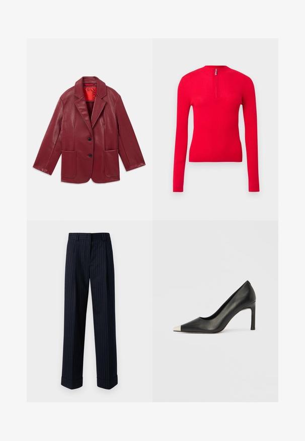 Rød faux læder blazer med notch krave, to forlommer og to sorte knapper. Foret med en kontrasterende rød inderside.; Langærmet, tætsiddende rød ribstrikket top med høj hals og kort lynlås foran. Blød tekstur og slankt design.; Marineblå bredbenede bukser med et stribet mønster i guld, fremstillet af et glat stof, med opsmøgede ben og frontlommer.; Sort læder højhælet sko med spids tå og metal-sølv hætte. Har en glat finish og en slank hæl på 10 cm.