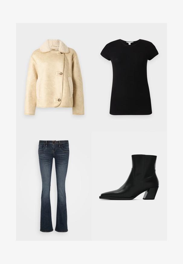 Beige shearlingjakke med knaplukning, stor krave og sidelommer med en struktureret, blød finish. Lige skåret ærmer.; Sort, kortærmet, ribstrikket, tætsiddende t-shirt med rund hals, vist fladt mod en lys baggrund.; Mørkeblå vide jeans med mellemhøj talje, fem lommer og subtile stikningsdetaljer. Fremstillet af denim med en glat tekstur.; Sortlæder ankelstøvle med spids tå, en slank silhuet og en kraftig firkantet hæl. Glat tekstur med minimale stikninger.