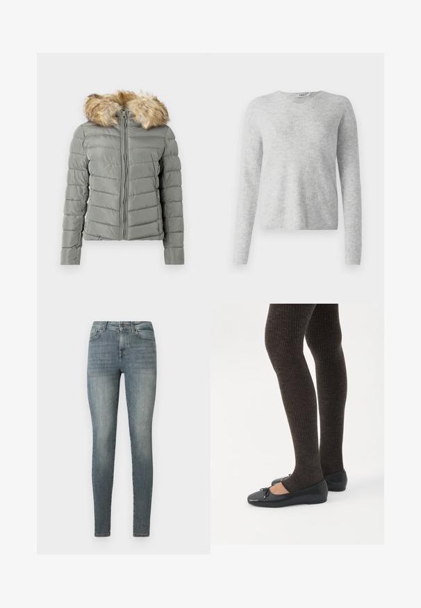 Polstret jakke i dæmpet grøn med quiltet design, frontlynlås, og aftageligt faux fur hættekant i lys brun.; Grå strikket sweater med ribbet tekstur, lange ærmer og V-halsdesign. Enkel og minimalistisk fremtoning.; Blågrå, smalle kvindejoggingbukser med knap- og lynlåslukning, for- og baglommer samt let falmet detaljer ved lårene.; Ben iført mørke ribbede leggings kombineret med sorte balletsko med små sløjfedetaljer på hvid baggrund.
