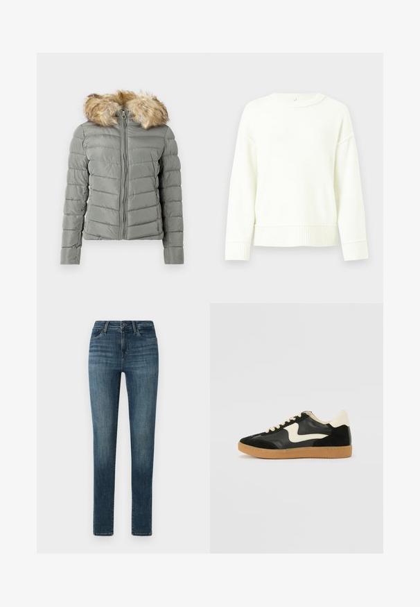 Polstret jakke i dæmpet grøn med quiltet design, frontlynlås, og aftageligt faux fur hættekant i lys brun.; Hvid strikket sweater med sænkede skuldre, ribbede manchetter og kant. Blød tekstur, rund halsudskæring og en afslappet pasform.; Mørkeblå denim jeans med slim fit, der har en knaplukning, fem lommer og subtile slidser langs lårene.; Sorte ruskinds- og lædersneakers med en cremefarvet side-swoosh og lys cremefarvet hæl. Har beige snørebånd og en gummirubber-sål.