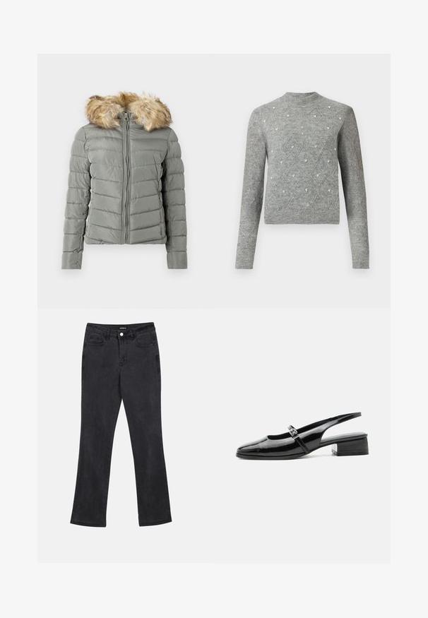 Polstret jakke i dæmpet grøn med quiltet design, frontlynlås, og aftageligt faux fur hættekant i lys brun.; Grå strikket sweater med rund halsudskæring, lange ærmer, diamondmønstre og små dekorative detaljer i stoffet.; Sorte lige ben jeans med front- og baglommer, bæltestropper og knaplukning i taljen.; Sort laklæderslingback-sko med lav blokhæl og tynd rem med sølvspænde over toppen.