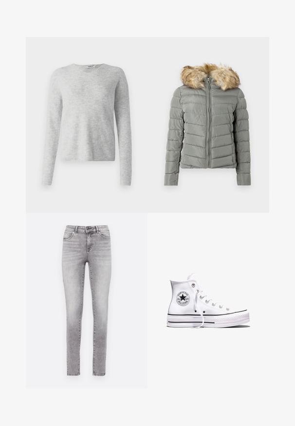 Polstret jakke i dæmpet grøn med quiltet design, frontlynlås, og aftageligt faux fur hættekant i lys brun.; Grå strikket sweater med ribbet tekstur, lange ærmer og V-halsdesign. Enkel og minimalistisk fremtoning.; Slanke jeans i en falmet grå vask, lavet af denim. Har en knap- og lynlåslukning, fem lommer og en subtil slidseffekt.; Hvid Converse Chuck Taylor All Star højt snøresko med sorte striber og logoemblem på siden, vist mod en ensfarvet hvid baggrund.