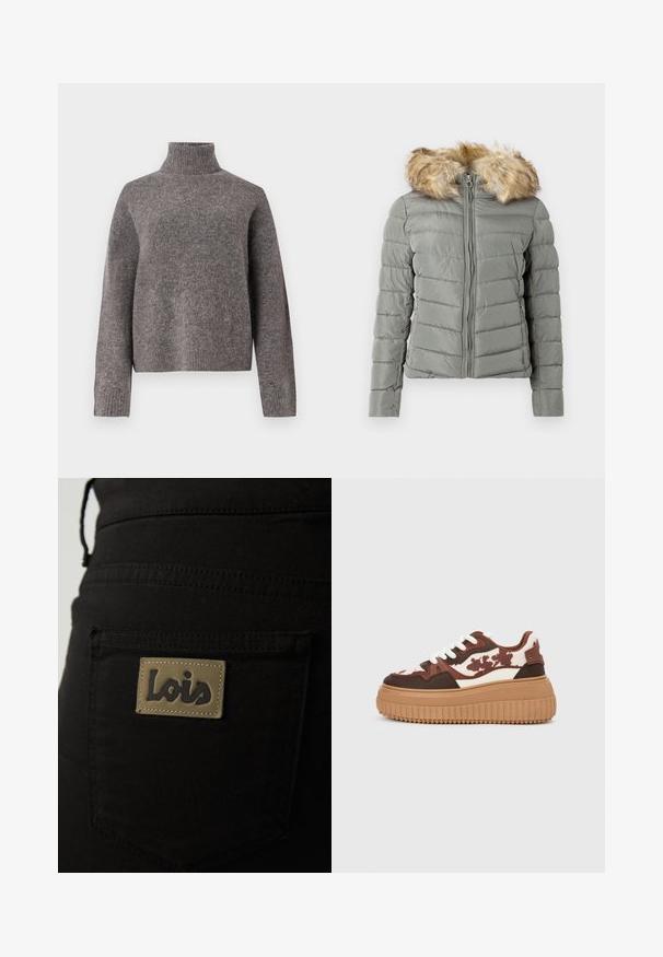 Polstret jakke i dæmpet grøn med quiltet design, frontlynlås, og aftageligt faux fur hættekant i lys brun.; Grå turtleneck sweater lavet af blødt strikket materiale, med lange ærmer og en afslappet pasform, samt ribbet tekstur ved manchetten og kanten.; Sorte stofbukser med en baglomme, der har et brunt mærke prægede med "Lois" i mørk skrift. Syningerne er synlige.; Platform sneakers med et brunt og cremefarvet camouflage-mønster, kontrasterende lysebrune såler og hvide snørebånd. Overdelen har blandede materialer og teksturer.