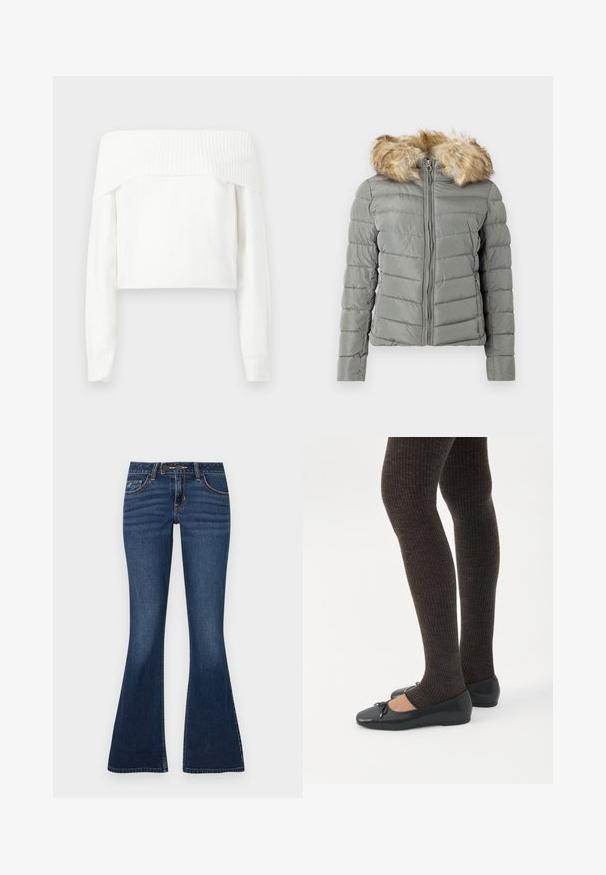 Veste rembourrée en vert discret avec un design matelassé, fermeture éclair à l'avant et bordure de capuche en fausse fourrure amovible de couleur marron clair.; Pull blanc à épaules dénudées en maille douce, avec des manches longues et des accents côtelés le long de l'encolure et des poignets.; Jean évasé en denim bleu foncé, doté d'un design classique à cinq poches, de coutures contrastantes et d'une braguette zippée avec fermeture par bouton.; Jambes portant des leggings côtelés foncés associés à des ballerines noires avec de petits détails en nœud sur fond blanc.