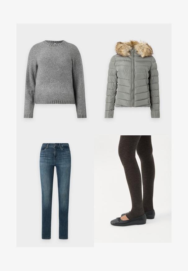 Padded bunda v tlmenej zelenej farbe s prešívaným dizajnom, predným zipsom a odnímateľným umelým kožúškom na kapucni vo svetlo hnedej farbe.; Sivý pletený sveter s okrúhlym výstrihom, dlhými rukávmi a rebrovanými detailami na manžetách a leme. Mäkká textúra s mierne voľným strihom.; Tmavomodré denimové džínsy s úzkym strihom, s gombíkovým zapínaním, piatimi vreckami a jemným vyblednutím pozdĺž stehien.; Nohy v tmavých pásikavých legínach v kombinácii s čiernymi balerínkami s malými mašličkami na bielom pozadí.