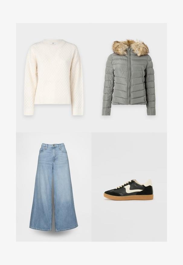Veste rembourrée en vert discret avec un design matelassé, fermeture éclair à l'avant et bordure de capuche en fausse fourrure amovible de couleur marron clair.; JDY Knitted JDYBIGUM Knitted - Pullover - whitecap gray; Jean denim bleu clair à jambes larges, avec une taille haute, des poches avant et une fermeture à boutons. Le tissu présente un effet délavé.; Baskets en daim et cuir noir avec un swoosh latéral crème et un talon crème clair. Dotées de lacets beige et d'une semelle en caoutchouc gomme.