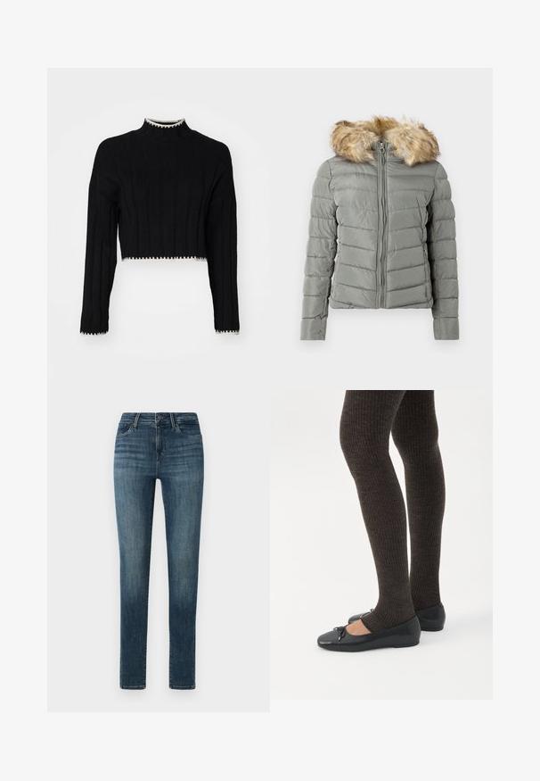 Polstret jakke i dæmpet grøn med quiltet design, frontlynlås, og aftageligt faux fur hættekant i lys brun.; Sort cropped sweater med ribbet tekstur, høj hals, lange ærmer og kontrastfarvet hvidt kant langs kanten og ærmerne.; Mørkeblå denim jeans med slim fit, der har en knaplukning, fem lommer og subtile slidser langs lårene.; Ben iført mørke ribbede leggings kombineret med sorte balletsko med små sløjfedetaljer på hvid baggrund.
