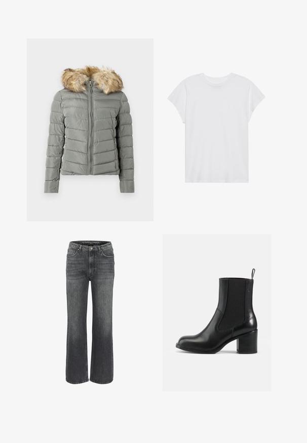 Gedämpfte grüne gepolsterte Jacke mit gestepptem Design, Frontreißverschluss und abnehmbarer Kunstfellkapuze in Hellbraun.; Weißes kurzärmliges T-Shirt mit Rundhalsausschnitt, lockerer Passform, aus weichem Baumwollstoff. Glatte Textur, keine Muster oder Logos.; Weite Jeans aus dunkelgrauem Denim mit klassischem Fünf-Taschen-Design, genähten Details und einem Knopfverschluss an der Taille.; Schwarze Lederknöchelstiefel mit elastischen Seitenpaneelen, abgerundeter Spitze und Blockabsatz. Glatte Textur mit minimalen Nähdetails.
