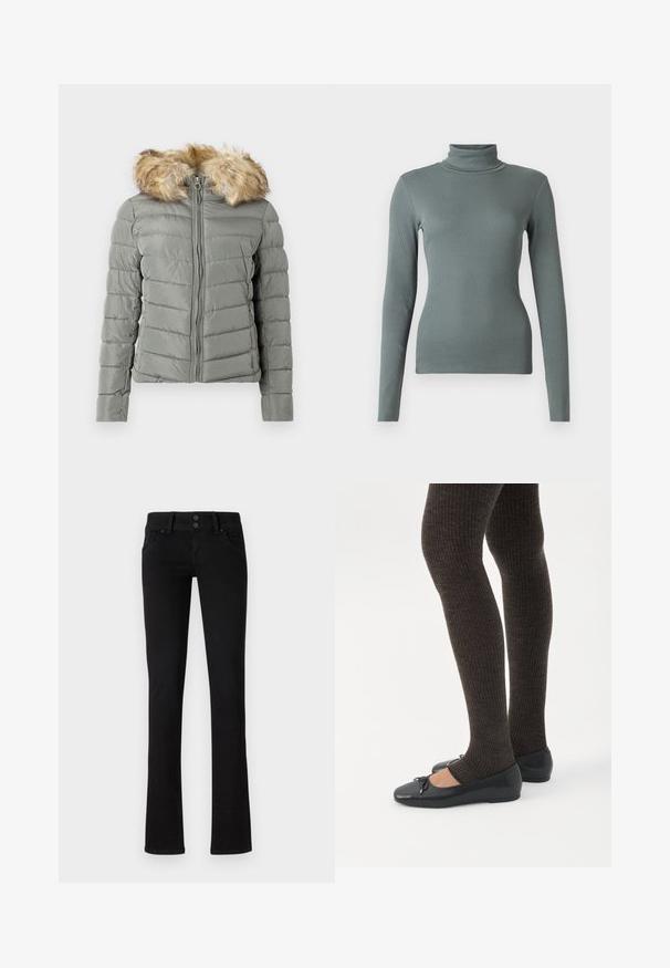 Padded bunda v tlmenej zelenej farbe s prešívaným dizajnom, predným zipsom a odnímateľným umelým kožúškom na kapucni vo svetlo hnedej farbe.; Dlhý rukáv, turtleneck top vyrobený z mäkkej, textúrovanej zelenej rebrovanej látky. Priliehavý dizajn s vysokým golierom a bezšvovou konštrukciou po celom obvode.; Čierne slim-fit džínsy s dvoma prednými vreckami, pútkami na opasok a dvojitým zapínaním, vystavené na jednoduchom bielom pozadí.; Nohy v tmavých pásikavých legínach v kombinácii s čiernymi balerínkami s malými mašličkami na bielom pozadí.