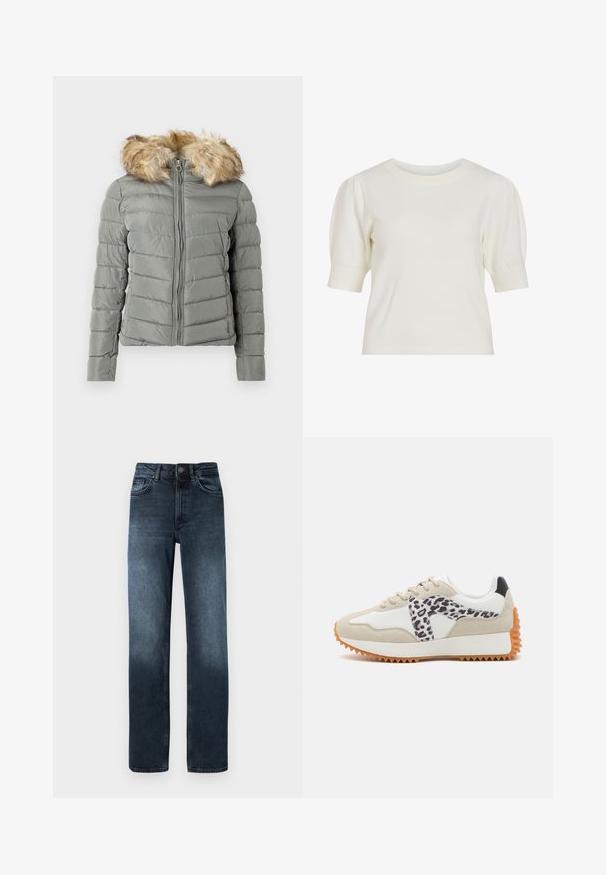 Polstret jakke i dæmpet grøn med quiltet design, frontlynlås, og aftageligt faux fur hættekant i lys brun.; Hvid, kortærmet strikket top med rund halsudskæring og pufærmer. Glat tekstur og tætsiddende silhuet, velegnet til hverdag.; Mørkeblå denim jeans med lige ben, fem lommer og lukning med frontknap. Har falmede detaljer nær kanten.; Beige og hvid sneaker med et leopardtryk-panel, tekstureret ruskind og gummisål med riller for greb. Snørebånd og polstret krave inkluderet.