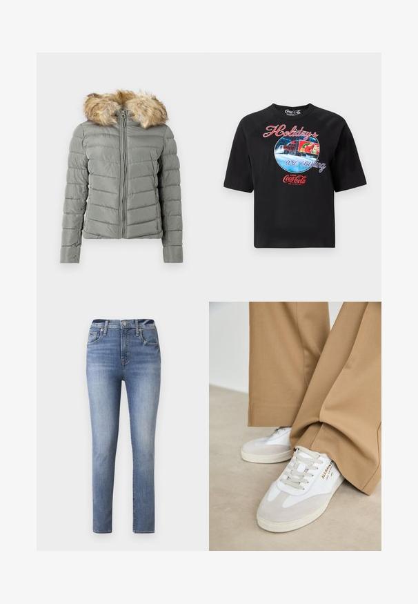 Gevoerde jas in gedempt groen met een gestikt ontwerp, een voorrits en een afneembare nepbont capuchonrand in lichtbruin.; Zwarte korte mouw shirt met de tekst "De feestdagen komen eraan" en een winterscene met een rode Coca-Cola vrachtwagen die door de sneeuw rijdt.; Lichtblauwe hoge taille jeans met een slim fit, voorzien van vijf zakken en een rits, gemaakt van denim met een gladde textuur.; Witte sneakers met suède accenten, gestructureerde veters en een rubberen zool. Gecombineerd met losse beige broek. Logo zichtbaar aan de zijkant.