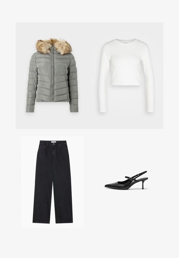 Gevoerde jas in gedempt groen met een gestikt ontwerp, een voorrits en een afneembare nepbont capuchonrand in lichtbruin.; GAP ULTRA CROP RIB TEE - Longsleeve - new off white; Zwarte high-waisted spijkerbroek met wijde pijpen, frontknopen en ritssluiting, ceintuurlussen en een vijf-pocket stijl.; Zwarte leren slingback hakken met een puntige neus, slanke verstelbare band en een ongeveer 5 cm hoge stiletto hak, met een gladde textuur.