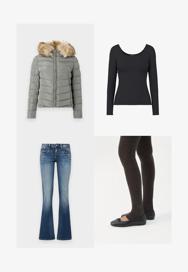 Polstret jakke i dæmpet grøn med quiltet design, frontlynlås, og aftageligt faux fur hættekant i lys brun.; Sort ribbet langærmet top med en rund halsudskæring. Materialet er blødt og strækbart, og har en vertikal ribstruktur over hele toppen.; Flared denim jeans i mellemblå med en falmet vask. Har fem lommer, bæltestropper og kontrasterende syninger. Blødt, tekstureret stof.; Ben iført mørke ribbede leggings kombineret med sorte balletsko med små sløjfedetaljer på hvid baggrund.