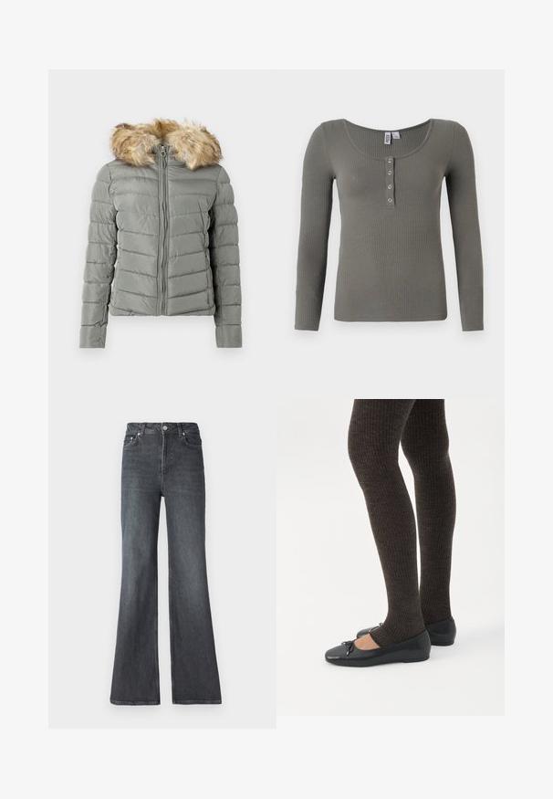 Padded bunda v tlmenej zelenej farbe s prešívaným dizajnom, predným zipsom a odnímateľným umelým kožúškom na kapucni vo svetlo hnedej farbe.; Olivovo zelené rebrované tričko s dlhým rukávom, s hlbokým výstrihom a štyrmi striebornými cvokmi na prednej légii.; Tmavé denimové zvonové džínsy s vysokým pásom, obsahujúce predné vrecká, zips a klasický dizajn s piatimi vreckami.; Nohy v tmavých pásikavých legínach v kombinácii s čiernymi balerínkami s malými mašličkami na bielom pozadí.