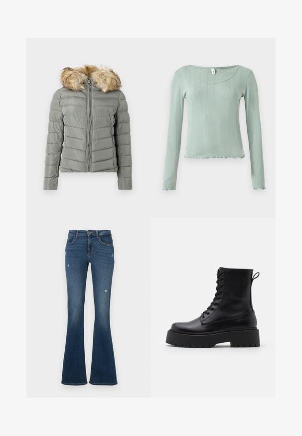 Polstret jakke i dæmpet grøn med quiltet design, frontlynlås, og aftageligt faux fur hættekant i lys brun.; Lysegrøn bluse med lange ærmer, ribbet tekstur, rund halsudskæring og bølget kant. Fremstillet af blødt materiale, der fremhæver en figursyet silhuet.; Flared jeans i mørkeblå denim med slidte områder. Har fem lommer og lynlås foran. Mellemvægtigt stof med en glat tekstur.; Sorte læder ankelstøvler med rund tå, snørebånd foran og en tyk gummisål med struktureret slidbane. Hæfteløkke bagpå.