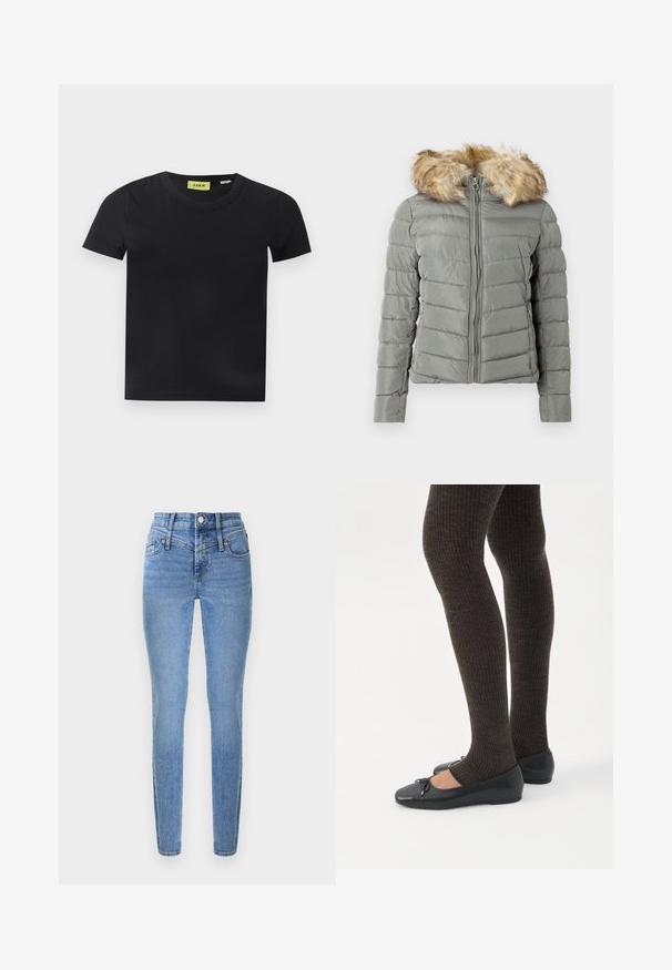 Polstret jakke i dæmpet grøn med quiltet design, frontlynlås, og aftageligt faux fur hættekant i lys brun.; Sort kortærmet T-shirt med rund hals og en gul label inde i kraven mærket "JJXX" på en hvid baggrund.; Smaltsiddende jeans i lyseblåt denim med høj talje, to forlommer og lynlåslukning. Har en glat tekstur og subtil falmning.; Ben iført mørke ribbede leggings kombineret med sorte balletsko med små sløjfedetaljer på hvid baggrund.