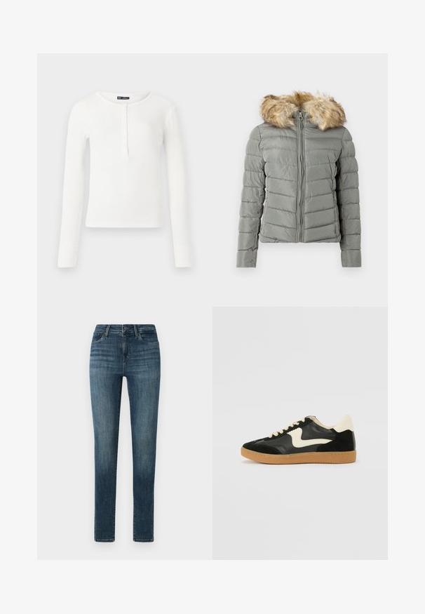 Veste rembourrée en vert discret avec un design matelassé, fermeture éclair à l'avant et bordure de capuche en fausse fourrure amovible de couleur marron clair.; Haut henley à manches longues blanc en côtes, avec un col rond, une patte de boutonnage à l'avant et des poignets ajustés. Fabriqué en tissu doux et extensible.; Jean en denim bleu foncé avec une coupe slim, présentant une fermeture à boutons, cinq poches et un léger décoloration le long des cuisses.; Baskets en daim et cuir noir avec un swoosh latéral crème et un talon crème clair. Dotées de lacets beige et d'une semelle en caoutchouc gomme.