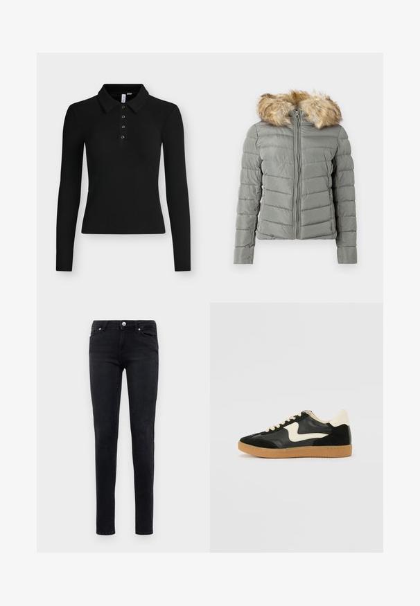 Polstret jakke i dæmpet grøn med quiltet design, frontlynlås, og aftageligt faux fur hættekant i lys brun.; Sort langærmet ribbet polo med krave og fire knapper ned langs forstykke.; Sorte slim-fit jeans med fem lommer, knaplukning og bæltestropper, vist mod en hvid baggrund.; Sorte ruskinds- og lædersneakers med en cremefarvet side-swoosh og lys cremefarvet hæl. Har beige snørebånd og en gummirubber-sål.