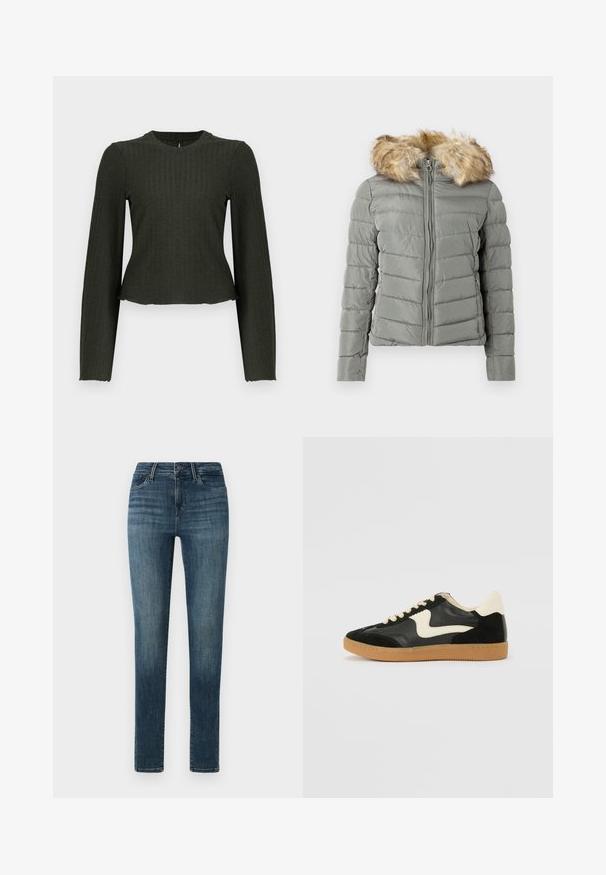 Polstret jakke i dæmpet grøn med quiltet design, frontlynlås, og aftageligt faux fur hættekant i lys brun.; Olivengrøn cropped langærmet top lavet af ribbet stof. Har en rund halsudskæring og en tæt pasform.; Mørkeblå denim jeans med slim fit, der har en knaplukning, fem lommer og subtile slidser langs lårene.; Sorte ruskinds- og lædersneakers med en cremefarvet side-swoosh og lys cremefarvet hæl. Har beige snørebånd og en gummirubber-sål.