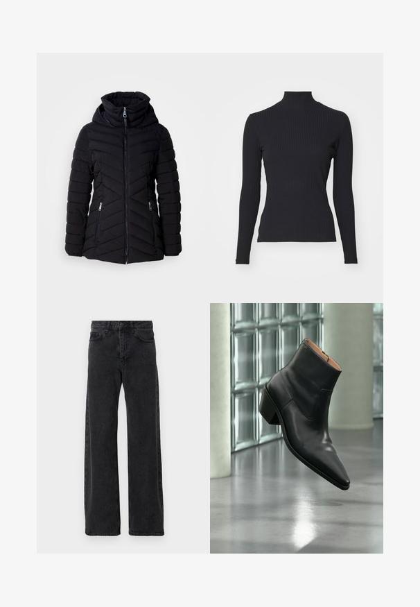 Schwarze Daunenjacke mit Kapuze, ausgestattet mit einem gezackten Steppdesign, Reißverschluss vorne und zwei Seitentaschen mit silbernen Reißverschlüssen.; Schwarzes, geripptes Rollkragenoberteil mit langen Ärmeln. Aus dehnbarem Stoff mit figurbetonter Passform und hohem Kragen. Einfaches Design ohne Verzierungen.; Schwarze Denim-Jeans mit weitem Bein, klassischen fünf Taschenstil, Knopfverschluss und subtiler Waschung.; Schwarzer Leder-Stiefelette mit spitzer Schuhspitze und Blockabsatz, der über einem reflektierenden grauen Boden nahe einer Glassteinwand schwebt.