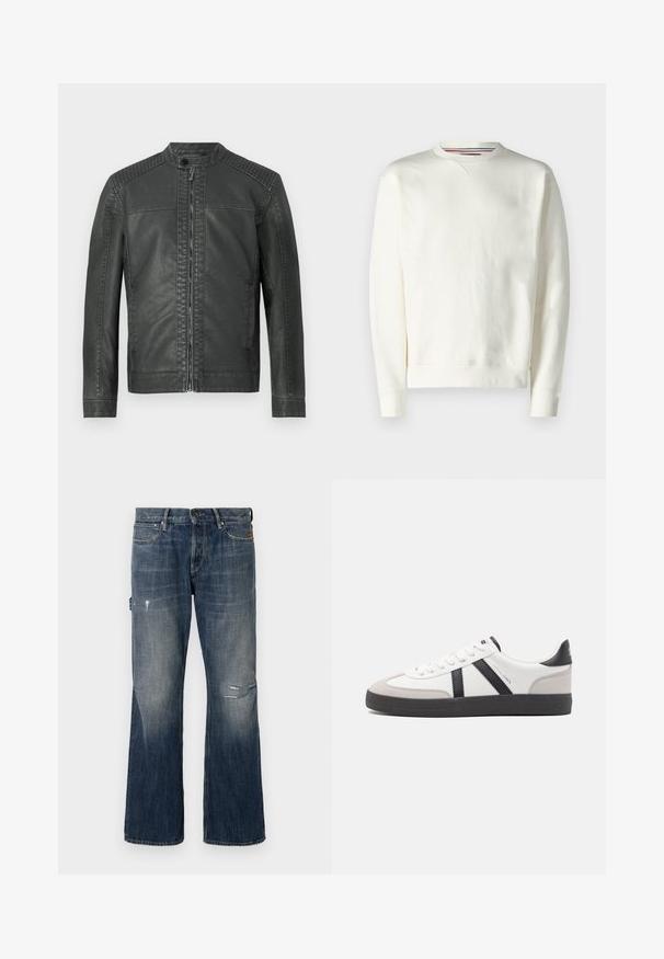 Chaqueta de cuero sintético negro con paneles de hombro acolchados, cuello alto con botón a presión y cierre de cremallera en la parte delantera.; Sudadera blanca con cuello redondo, puños acanalados y un sutil detalle de logotipo. Material suave con una textura lisa y un diseño minimalista.; Jeans de mezclilla en azul oscuro con un lavado desgastado. Presenta un corte de pierna ancha, detalles desgastados que incluyen un desgarro, y un diseño estándar de cinco bolsillos.; Zapatilla blanca con acentos en negro y gris, que presenta una puntera texturizada en gris, suela de goma negra y cordones planos blancos. Diseño limpio, estilo minimalista.