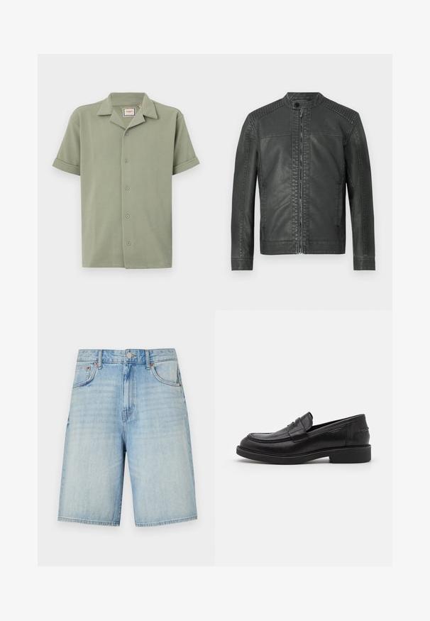 Veste en simili cuir noir avec panneaux matelassés aux épaules, col montant avec bouton-pression et fermeture éclair à l'avant.; Chemise à manches courtes de couleur vert clair, en tissu texturé, avec un col en V et une fermeture à six boutons sur le devant. Les manches retroussées offrent une coupe décontractée.; Shorts en denim bleu clair avec une coupe droite, dotés d'une fermeture à bouton et à fermeture éclair, de cinq poches et d'une finition légèrement délavée.; Mocassins en cuir noir avec un bout arrondi, des coutures ton sur ton et un détail de sangle à l'avant. Semelle en caoutchouc avec un petit talon.