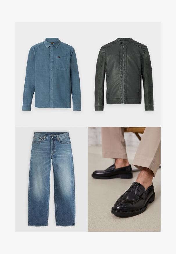 Zwarte faux leren jas met doorgestikte schouderpanelen, staande kraag met drukknoop en sluiting met rits aan de voorkant.; Langarmshirt van blauwe corduroy, met een button-down kraag, een frontzak en subtiele branding op de zak.; Blauwe spijkerbroek met rechte pijp, knoop en rits aan de voorkant, en vijfzakkenmodel.; Zwarte leren loafers met een gladde afwerking, voorzien van een decoratieve band en contrasterende stiksels, gecombineerd met beige broeken.