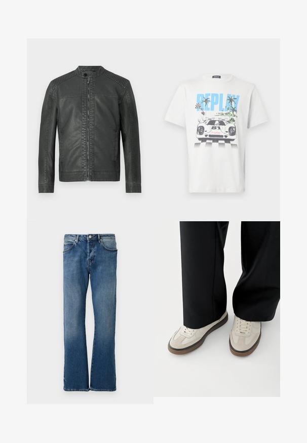 Sort faux læderjakke med quiltede skulderpaneler, stående krave med trykknap og lynlås lukning foran.; Hvid bomulds-T-shirt med et farverigt motiv af en racerbils, palmer og ternede flag, med "REPLAY" tydeligt vist.; Lyseblå denimjeans med lige ben-design, der har fem lommer, en knap-lukning og diskret falmning på stoffet.; Fødder iført beige sneakers med brune såler og sorte bukser med vide ben på hvid baggrund.