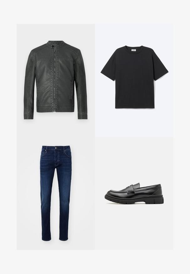 Sort faux læderjakke med quiltede skulderpaneler, stående krave med trykknap og lynlås lukning foran.; Sort T-shirt med korte ærmer og rund hals med afslappet pasform, forfra, ensfarvet design og synligt Weekday-mærke inde i kraven.; Mørkeblå slim-fit denimjeans med frontknap, lommer, bæltestropper og subtile falmningdetaljer på benene.; Sort læder loafersko med en bred rem over forfoden, gummisål med tykke mønstre og glat overflade. Klassisk, slankt design.