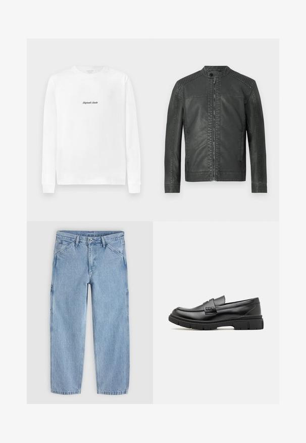 Sort faux læderjakke med quiltede skulderpaneler, stående krave med trykknap og lynlås lukning foran.; Hvid langærmet T-shirt med et lille sort skriftslogo "Originals Studio" centreret på brystet.; Lyseblå straight-leg denimjeans med frontknap, lynlås, bæltestropper og skrå forlommer på en ensfarvet baggrund.; Sort læder loafersko med en bred rem over forfoden, gummisål med tykke mønstre og glat overflade. Klassisk, slankt design.