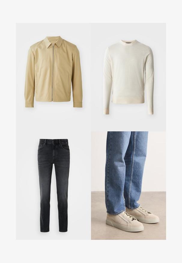 Beige lichtgewicht jack met een kraag, een rits aan de voorkant en twee zijzakken. Gladde textuur en een relaxte pasvorm.; Lichtbeige gebreide trui met lange mouwen en een ronde halslijn. Textuurstof met een gladde afwerking, met een geribbelde onderrand en manchetten.; Zwarte denim jeans met een slim fit, voorzien van een middelhoge taille, klassiek vijf-pocket ontwerp en subtiele vervaging op de benen.; BOSS GARYTENN_SDHDEL - Sneakers laag - natural ten