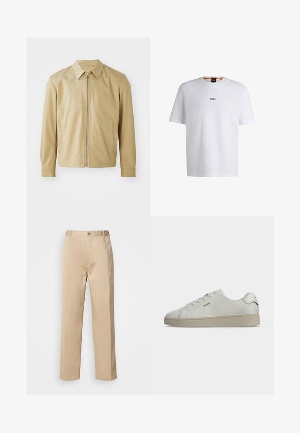 Chaqueta ligera beige con cuello tipo cazadora, cierre frontal de cremallera y dos bolsillos laterales. Textura suave y corte relajado.; Camiseta de algodón blanca de manga corta, con un logotipo negro "BOSS" centrado en el pecho y un diseño de cuello redondo.; Pantalones beige hechos de una tela ligera, con un diseño de pierna recta, cinturilla con trabillas y un solo botón en la parte frontal.; Zapatilla blanca de caña baja con suela beige, logo dorado "HUGO" en el lateral y detalle rojo en la lengüeta del talón, mostrada en perfil lateral.