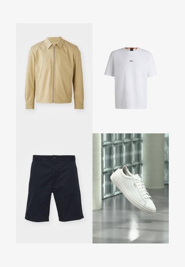 Beige leichte Jacke mit Kragen, Frontreißverschluss und zwei seitlichen Taschen. Glatte Textur und lockere Passform.; Weißes Baumwoll-T-Shirt mit kurzen Ärmeln, ausgestattet mit einem schwarzen "BOSS"-Logo, das mittig auf der Brust platziert ist, und einem runden Halsausschnitt.; Navyblaue Baumwollshorts mit Knopfverschluss, geradem Schnitt und Seitentaschen. Sie verfügen über eine glatte Textur und ein schlichtes Design.; Weißer Leder-Low-Top-Sneaker mit Schnürsenkeln, schwarzer Fersenschlaufe und „BOSS“-Logo, der drinnen nahe einer Glassteinwand und einem polierten Boden schwebt.